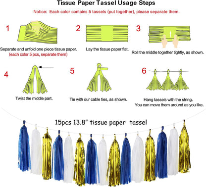 Navy-Blue White-Silver Tassel Garland Streamers - 15pcs Party Decorations Tissue Paper Tassels Banner,Graduation 2025 Wedding Baby Bridal Shower Hanging Decoration Boy Birthday Backdrop Decor Panduola