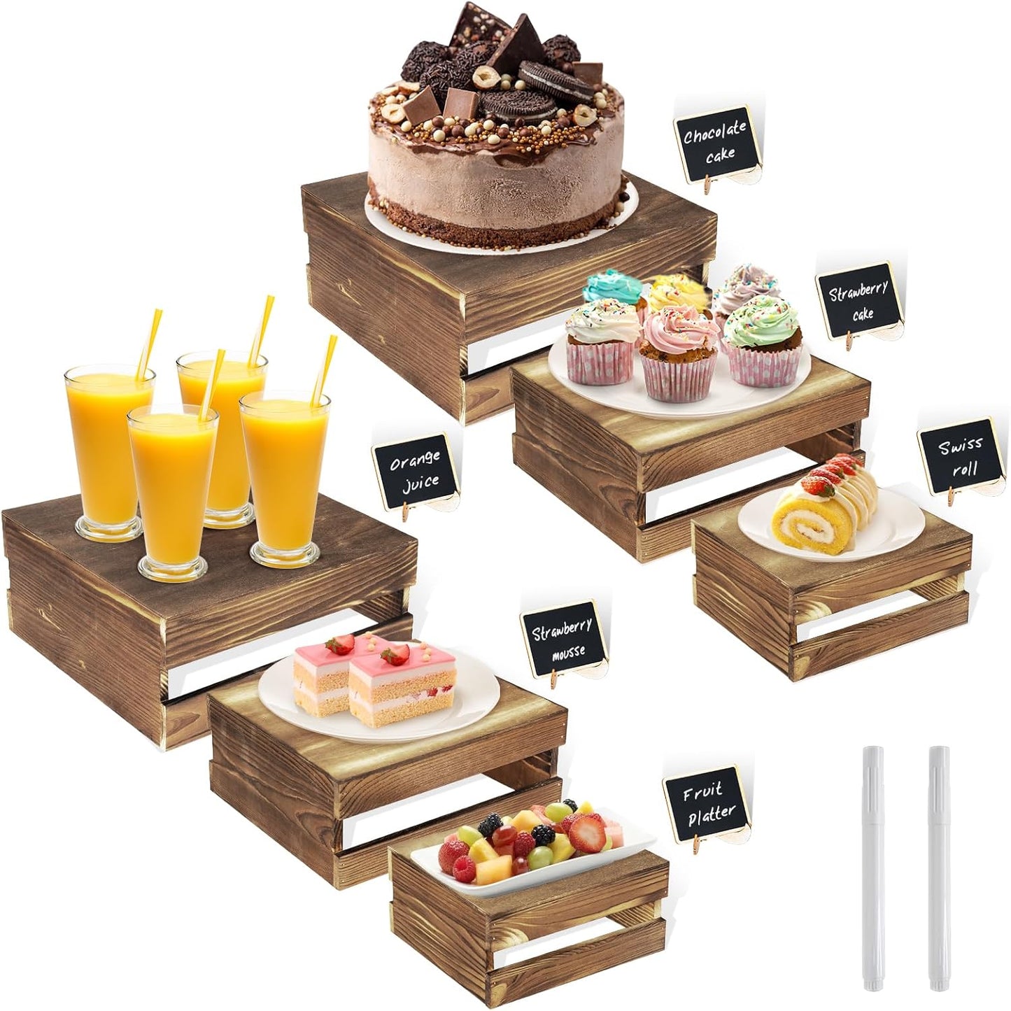 8 Pcs Buffet Risers with Mini Signs, Rustic Wood Cake Stands, Food Risers for Buffet Table, Dessert Display Stand, Wood Crates, Rustic Cake Stand for Party, Wedding, Birthday, Baby Shower, 4 Sizes