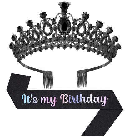 Birthday Tiara and Crown with Sash, Birthday Tiara for Women Party Silver
