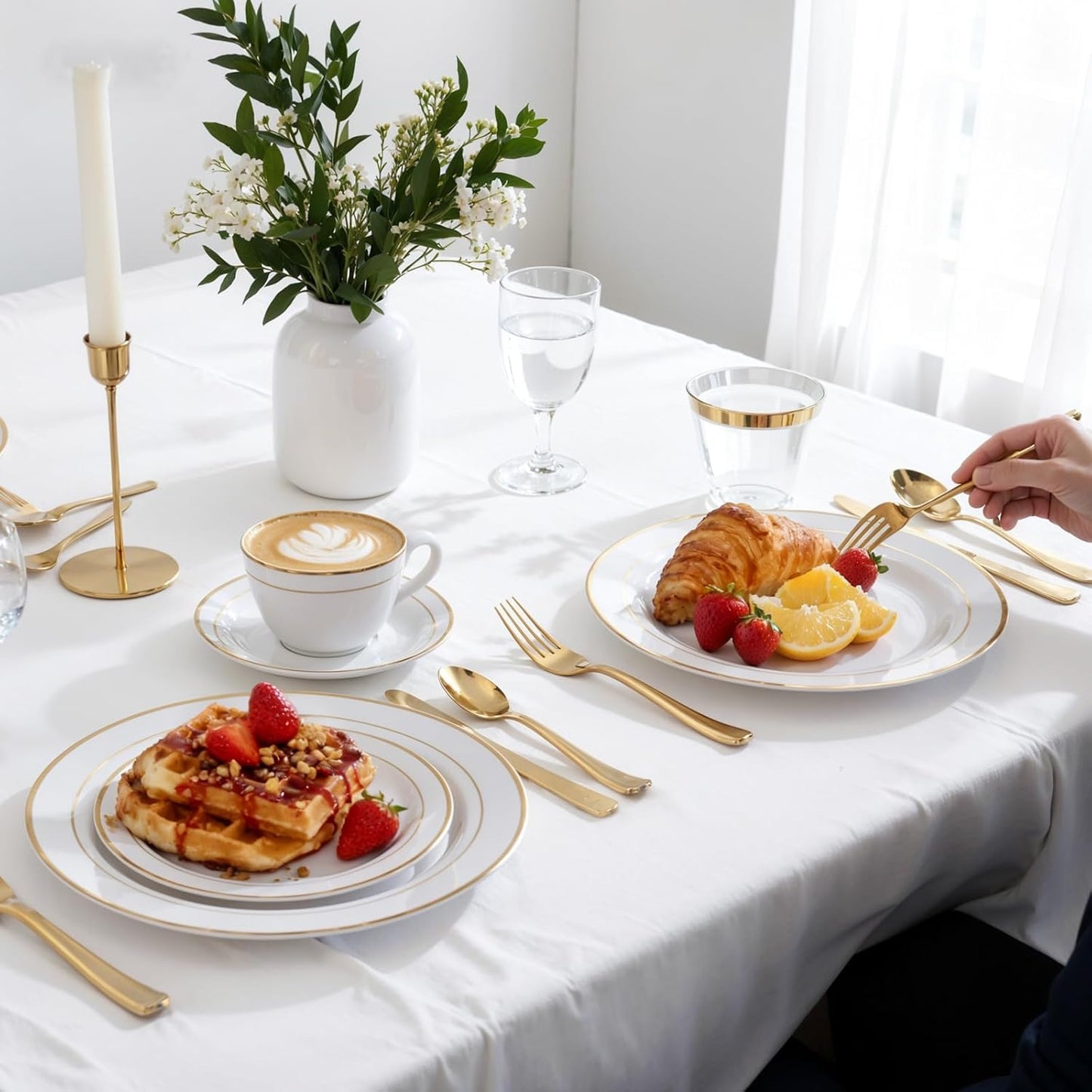 350 Pieces Black and Gold Plastic Plates with Disposable Silverware, Include 50 Dinner Plates 9”, 50 Dessert Plates 6.3”, 50 Black Cups 9 OZ, 50 Pre Rolled Napkins for Wedding Party Graduation