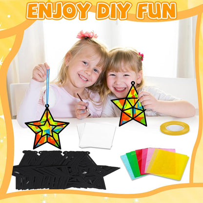 QOUBAI 32 Sets Stars Suncatchers Craft Back to School DIY Stained Glass Window Patriotic 4th of July Paper Craft Home School Classroom Decor Kid Birthday Gift Creative Art Activity Game - Colors A