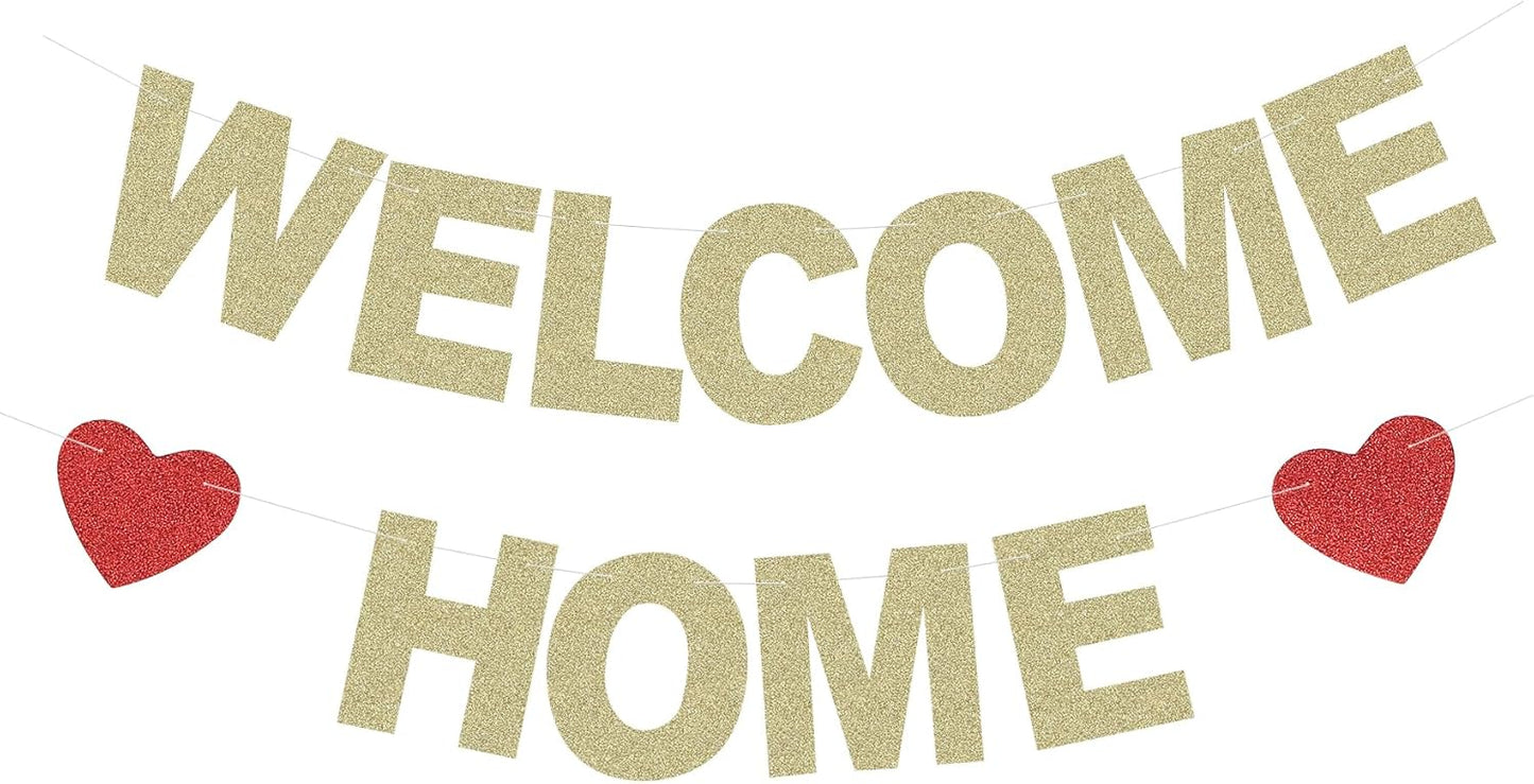 Welcome Home Banner Glitter Paper Sign for Housewarming Homecoming Party Decoraions Fun Party Photo Props - Gold