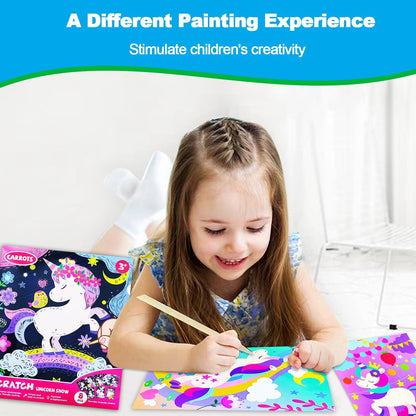 JUNQIU Scratch Art for Kids, Unicorns Black Rainbow Scratch Art Paper Set-Arts and Crafts & Supplies, DIY Activity & Party Games, Gifts for Toddlers, Girls & Boys Ages 3, 4, 5, 6, 7, 8