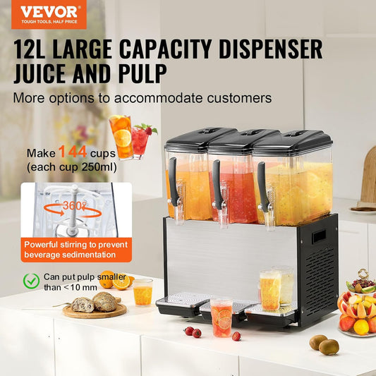VEVOR Commercial Beverage Dispenser, 4 Tanks 12 L / 12.7 QT Per Tank Juice Dispenser, 510W Stainless Steel Ice Tea Drink Machine with 45°F-54°F Cooling Temperature, for Cold Drink Restaurant Bar Party