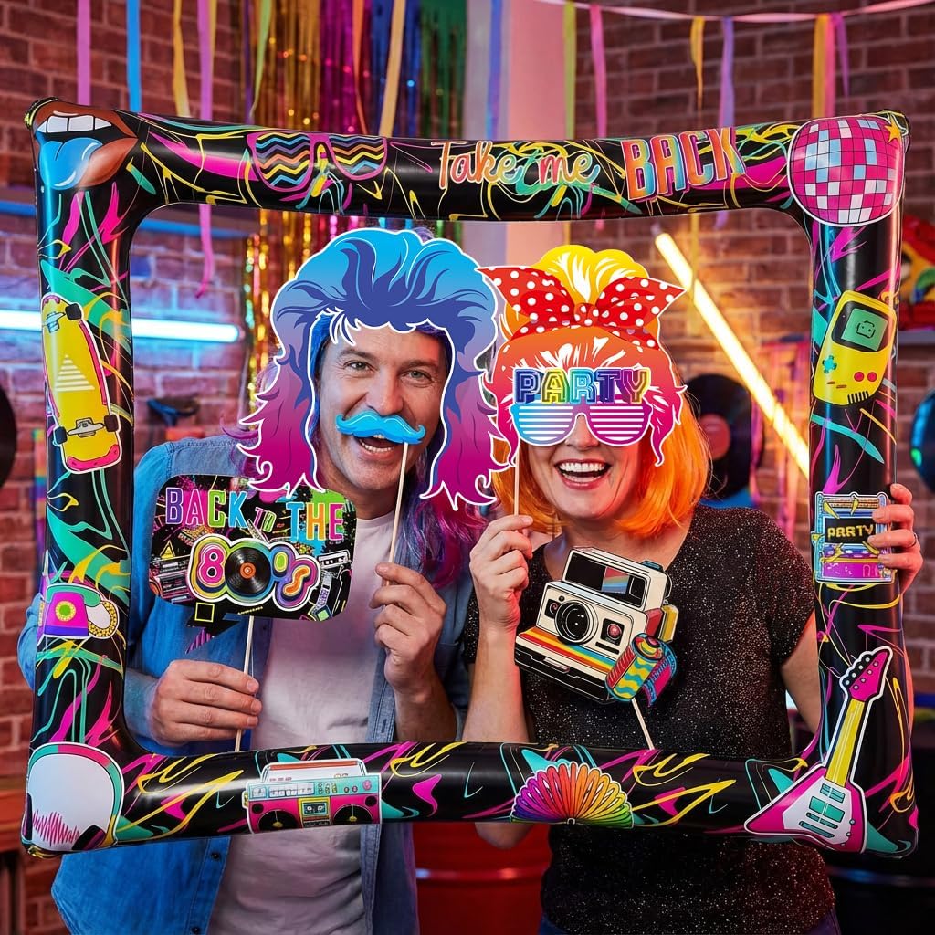 Hawaiian Photo Booth Props & Inflatable Frame, 30Pcs Luau Photobooth Props with Large Inflatable Inflatable Selfie Picture Frame for Summer Tropical Aloha Luau Party Selfie Supplies