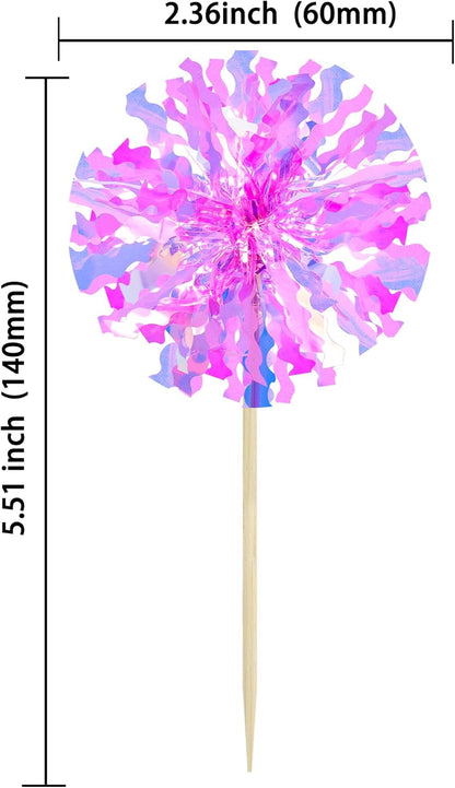 Ephlyn 30Pcs Foil Firework Cupcake Toppers Sparkle Tinsel Cupcake Picks Drink Stirrers Cocktail Food Fruit Toothpicks for Baby Shower Graduation Party Supplies White