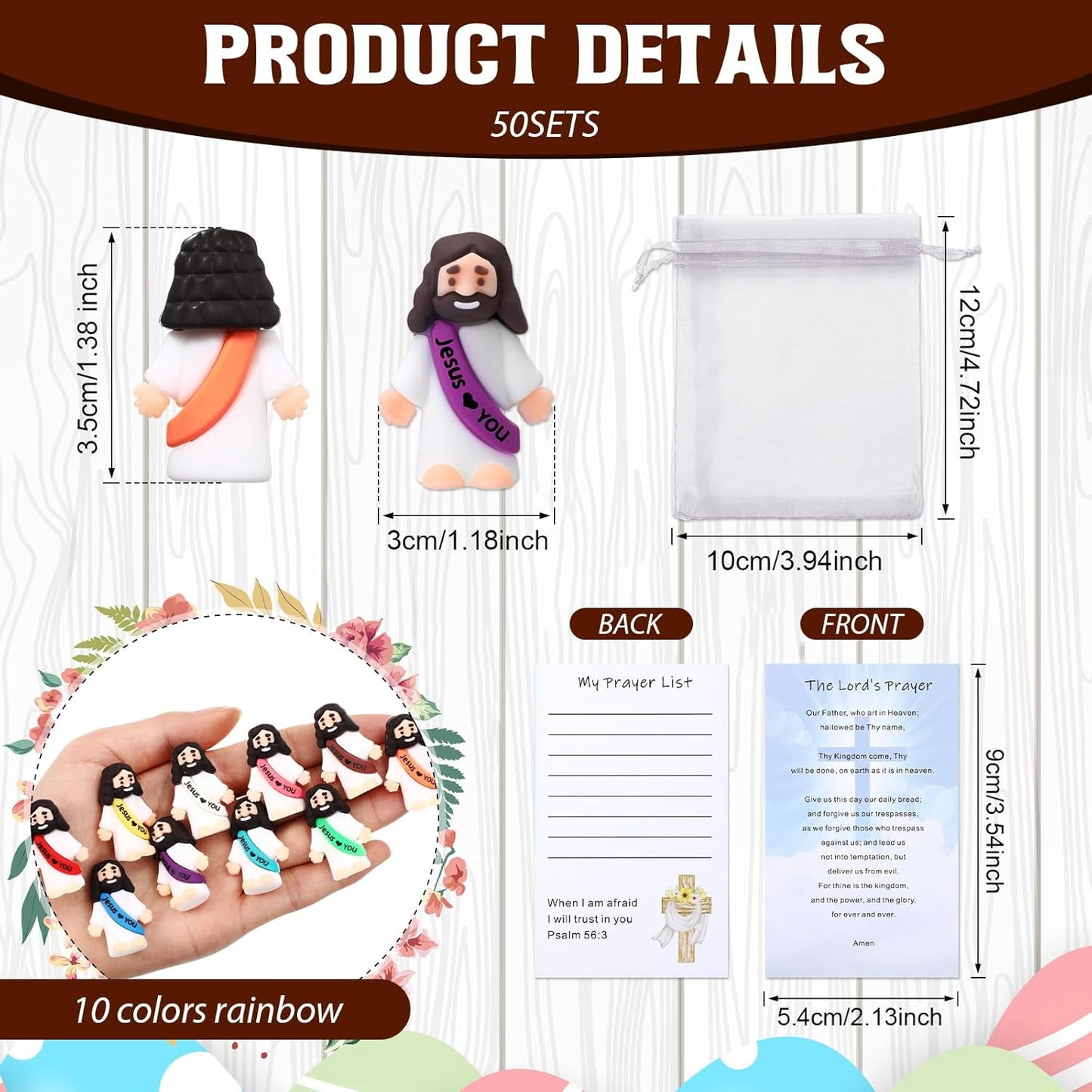 Bememo 150 Pcs Christian Gifts Bulk Bible Verse Cards Little Jesus Figures Prayer Cards Organza Bags for Easter Hunt Religious Party Favors Sunday Baptism, 50 Set(Classic Color,Open Hands)