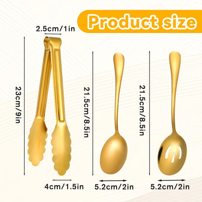 12 PCS Gold Stainless Steel Serving Utensils Sets - Large Serving Spoons,Slotted Spoons,Serving Tongs,Appetizer Tongs,Utensils Sets for Buffet Catering Banquet Party (Gold)