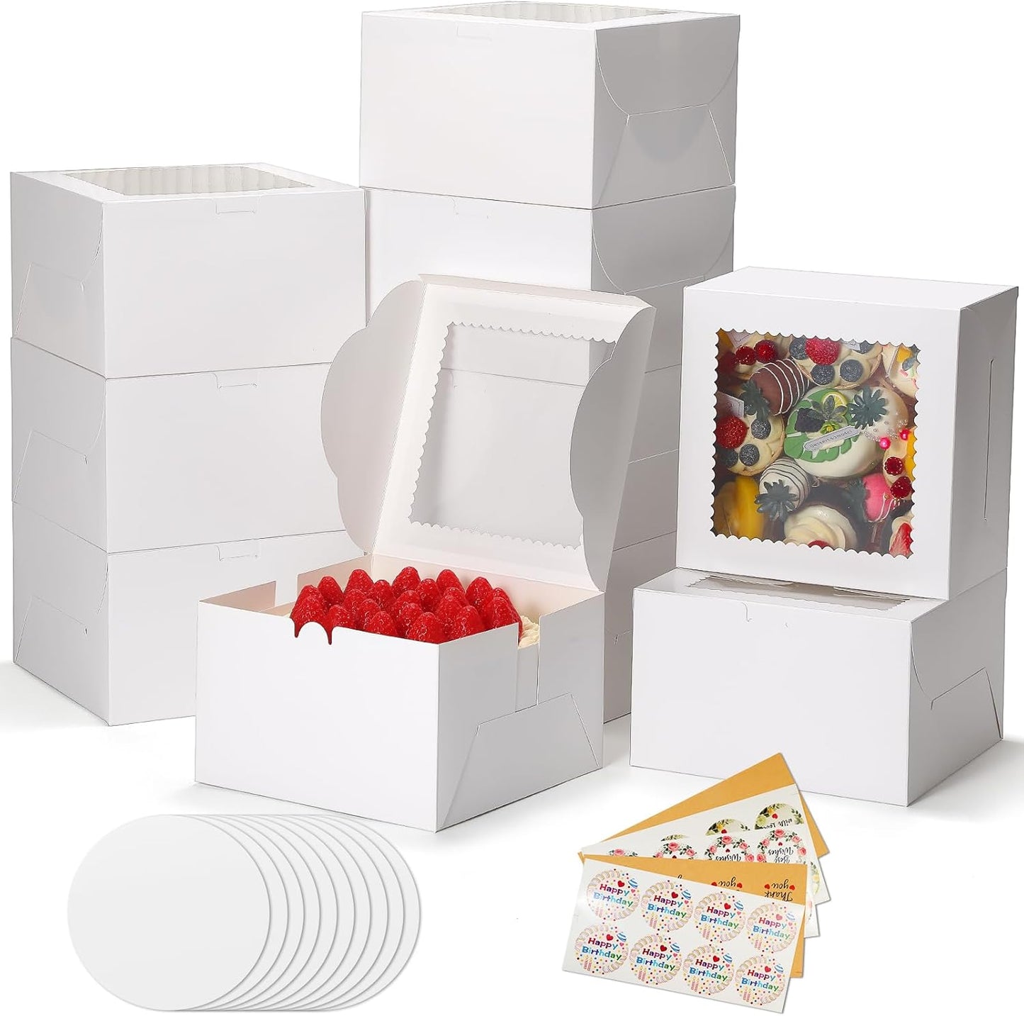 COTOPHER 50 Pcs Cake Boxes 8 Inch, 8x8x5 Inches Cake Containers (25 Boxes & 25 Boards), White Bakery Boxes with Windown for Cookies, Desserts, Cupcake, Pastries, Birthday, Wedding, Mother's Day