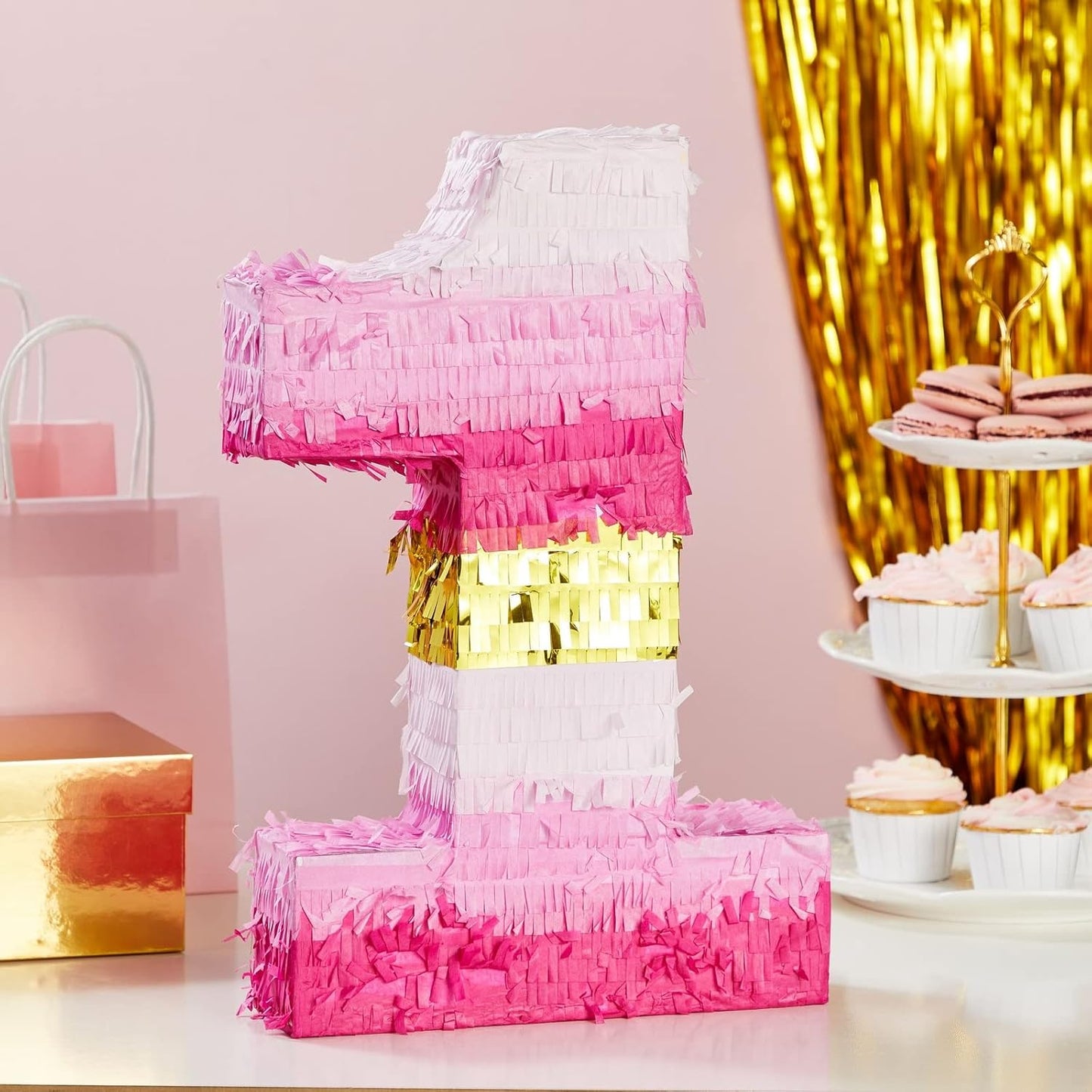 Number 5 Pinata, Pink and Gold Foil for Girls 5th Birthday Party Decorations (Small, 16.5 x 11.6 x 3 In)