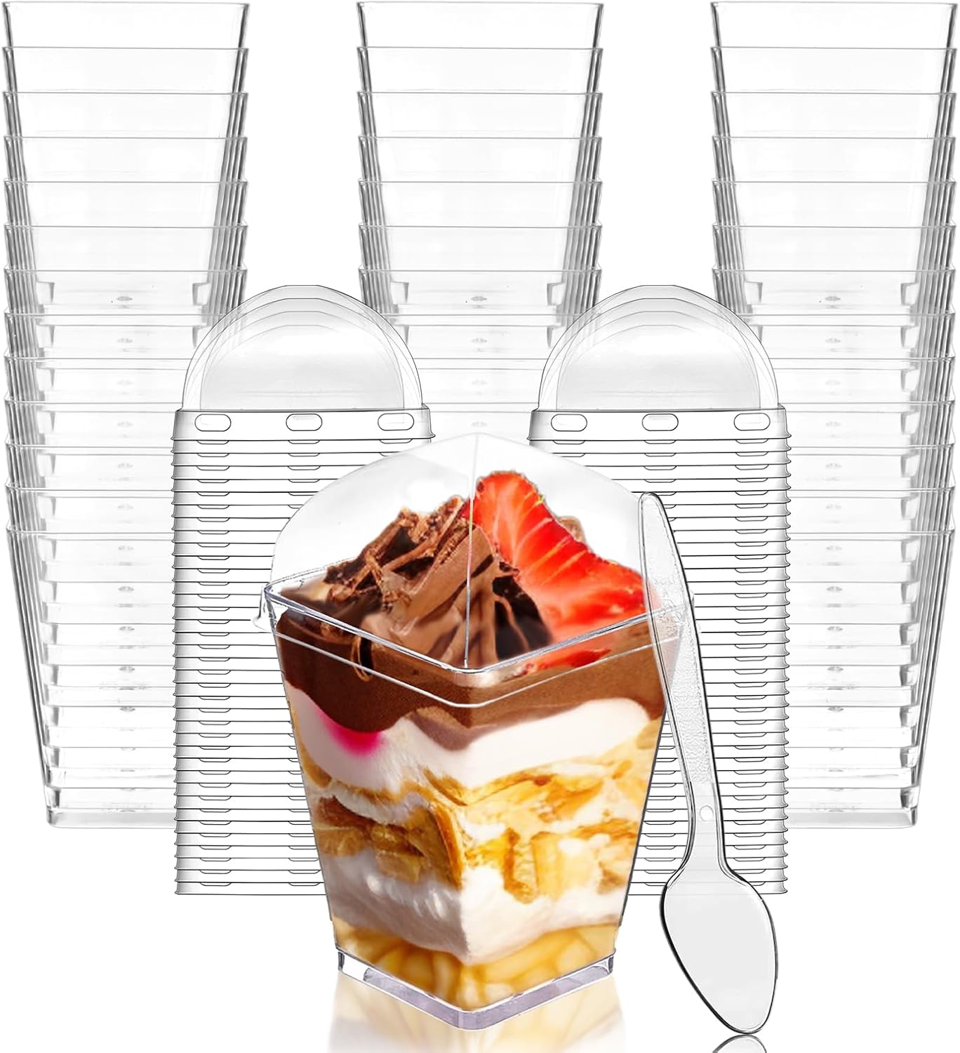 50Pack 5oz Plastic Dessert Cups with Lids and Spoons, Square Clear Parfait Appetizer Cups, Mini Reusable Shooter Serving Cups, Party Dessert Shot Glasses for Tasting