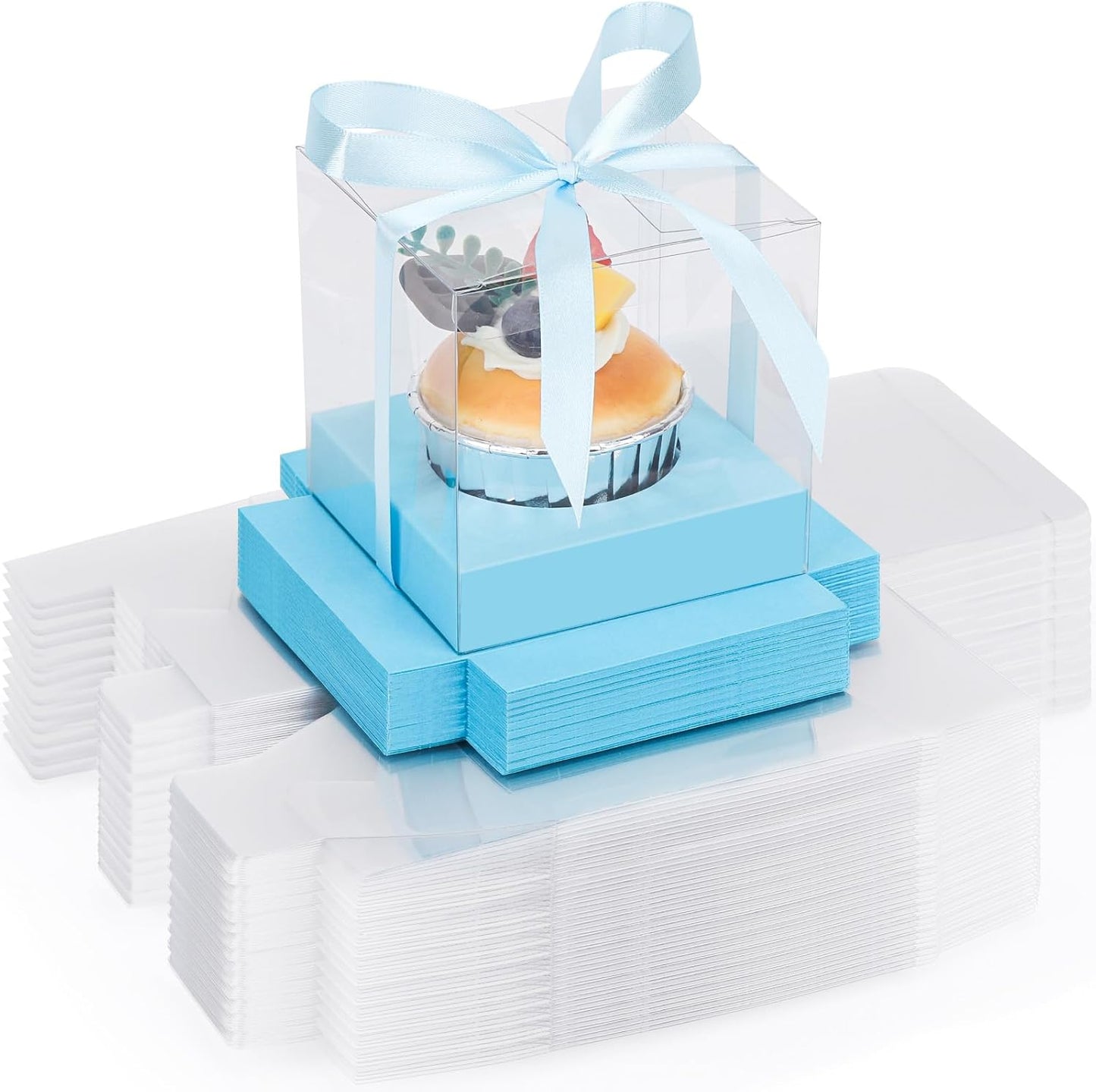 EUSOAR Individual Cupcake Holder, 50pcs 3.5 Inch Plastic Black Cupcake Containers with Lids, Single Transparent Display Clear Cupcake Carrier with Ribbon and Inserts for Wedding Party Favor