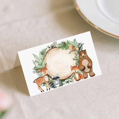 120 Pack Woodland Baby Shower Place Cards, 3.5" x 2" Foldable Table Tent Name Cards, Food Labels for Forest Animals Baby Shower Birthday Party Reception Tables Placement Party Decorations