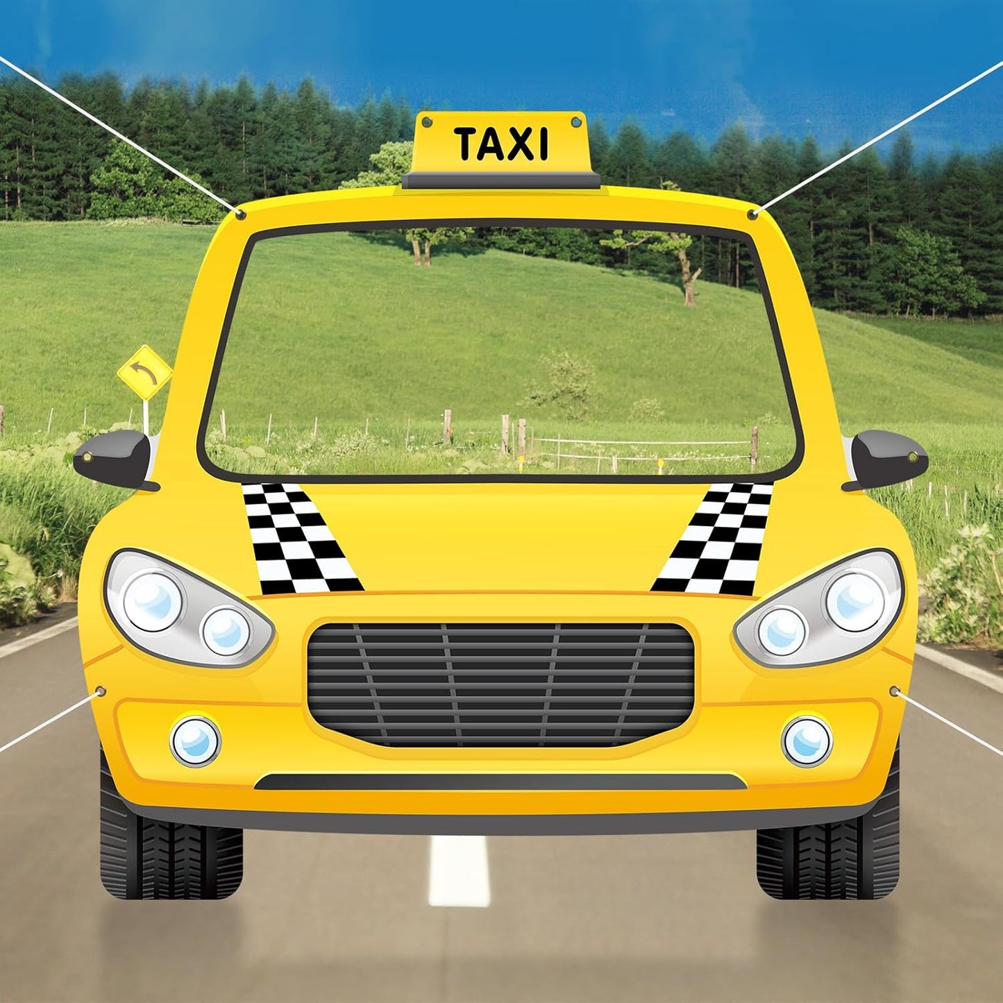 Fabric 59 x 54.5 Inch Car Themed Party Decoration Taxi Themed NYC Photo Booth Yellow Cab Background Taxi Selfie Backdrop Black and White Checkered Decor for Birthday Baby Shower Party Supplies