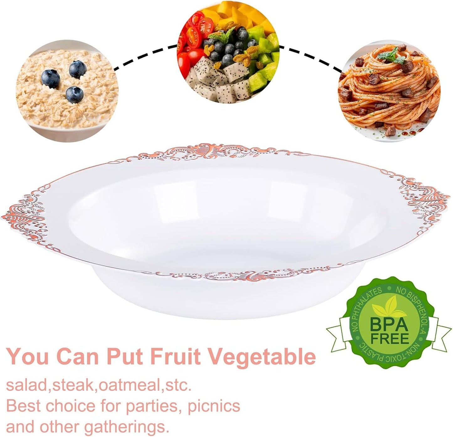 Nervure 50 Pack White Plastic Bowls with Gold Rim - 12oz Disposable Soup Bowls - Heavy Duty Dessert Bowl, Salad Bowl Perfect for Weddings, Parties, Mothers Day