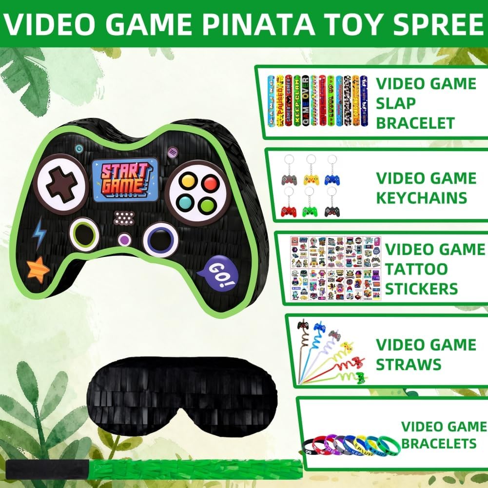 Video Game Pinata Set for Boy Kids Gamer Party with Controller Pinata, Straws, Bracelets, Stickers, Keychain, Confetti Tools for Party Decoration (Black)