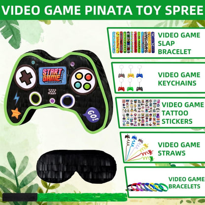 Video Game Pinata Set for Boy Kids Gamer Party with Controller Pinata, Straws, Bracelets, Stickers, Keychain, Confetti Tools for Party Decoration (Black)