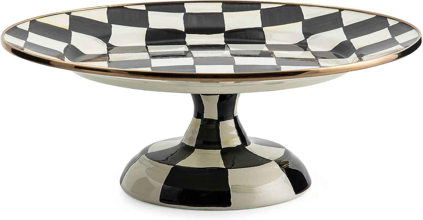 MACKENZIE-CHILDS Enamel Pedestal Platter, Round Cake Stand, Large, Black-and-White Courtly Check