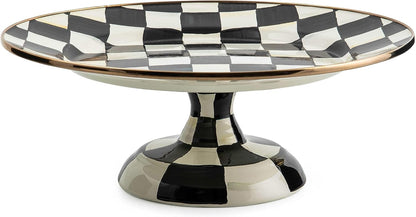 MACKENZIE-CHILDS Enamel Pedestal Platter, Round Cake Stand, Large, Black-and-White Courtly Check