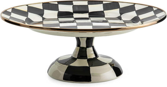 MACKENZIE-CHILDS Enamel Pedestal Platter, Round Cake Stand, Large, Black-and-White Courtly Check