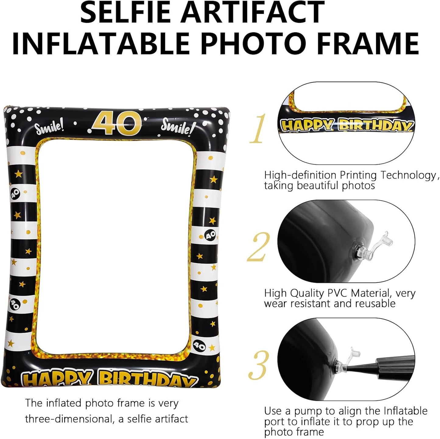 40th Birthday Photo Booth Props, LMSHOWOWO Inflatable Photo Booth Frame, Giant Black Gold Inflatable Selfie Frame, Birthday Party Photo Props, for Women Men Birthday Party Decorations, Random Style