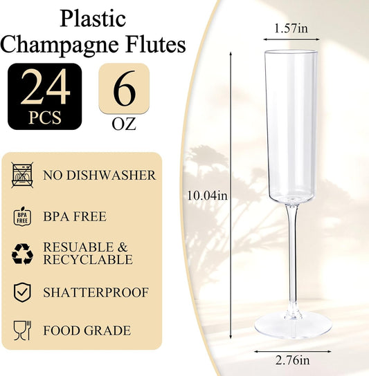 Ciaell 24 Pack Plastic Champagne Flutes - Clear 6 Oz Disposable Champagne Glasses - Square Plastic Toasting Glasses for Party Birthday Anniversary Wedding
