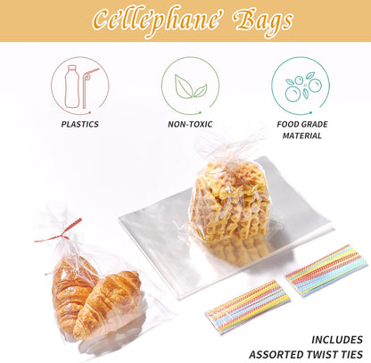 100 Pcs 10 in x 6 in Clear Flat Cello Cellophane Treat Bags Good for Bakery, Cookies, Candies,Dessert(by Brandon)1.4mil.Give Metallic Twist Ties!