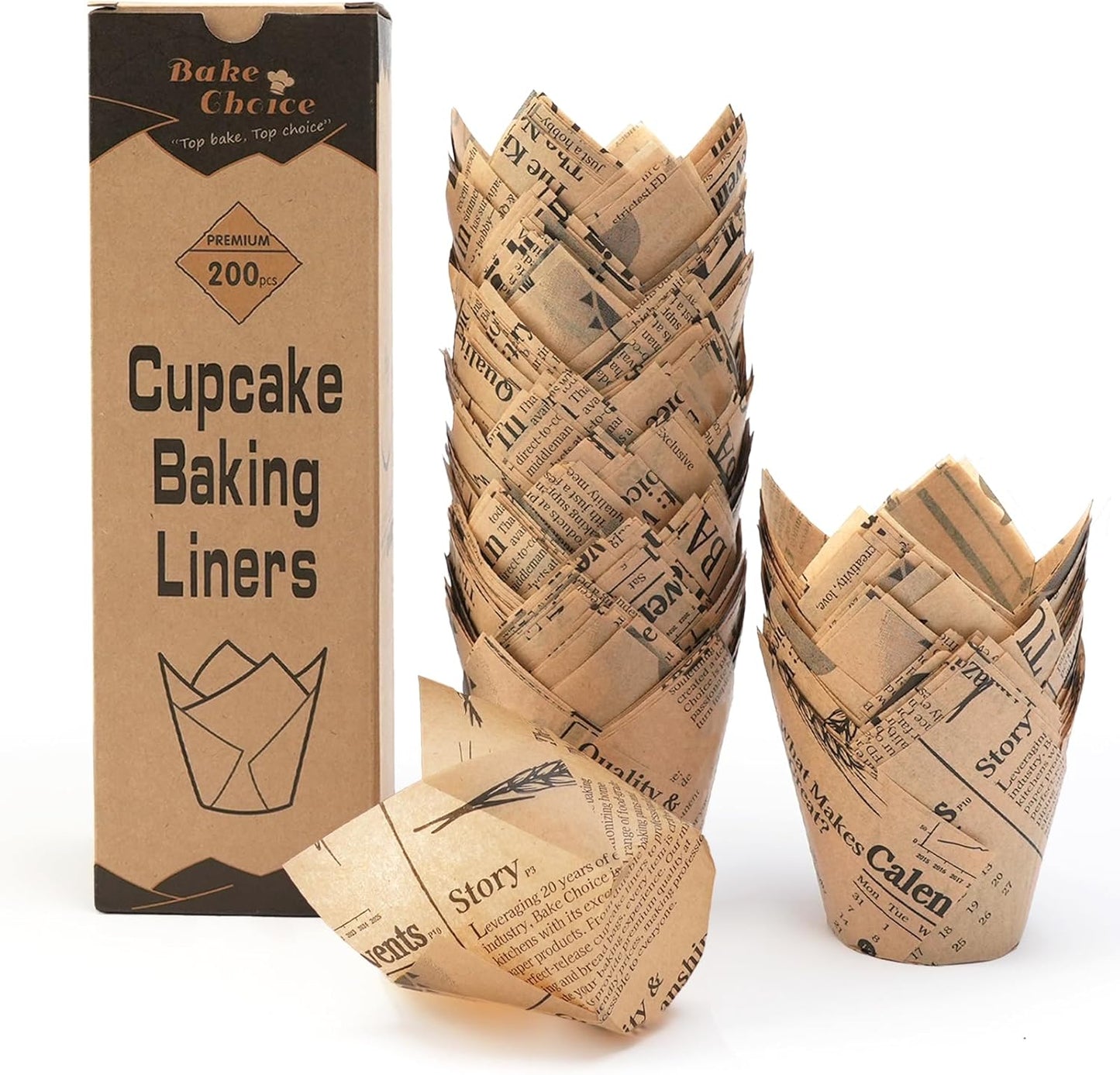 Bake Choice 200pcs Natural Tulip Cupcake Liners for Baking Cups Unbleached European Parchment paper Tulip Muffin Liners, Cupcake Wrapper for Party, Christmas