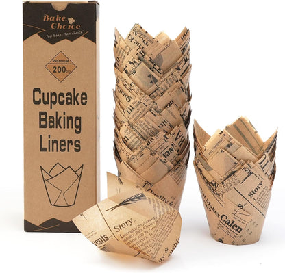 Bake Choice 200pcs Natural Tulip Cupcake Liners for Baking Cups Unbleached European Parchment paper Tulip Muffin Liners, Cupcake Wrapper for Party, Christmas