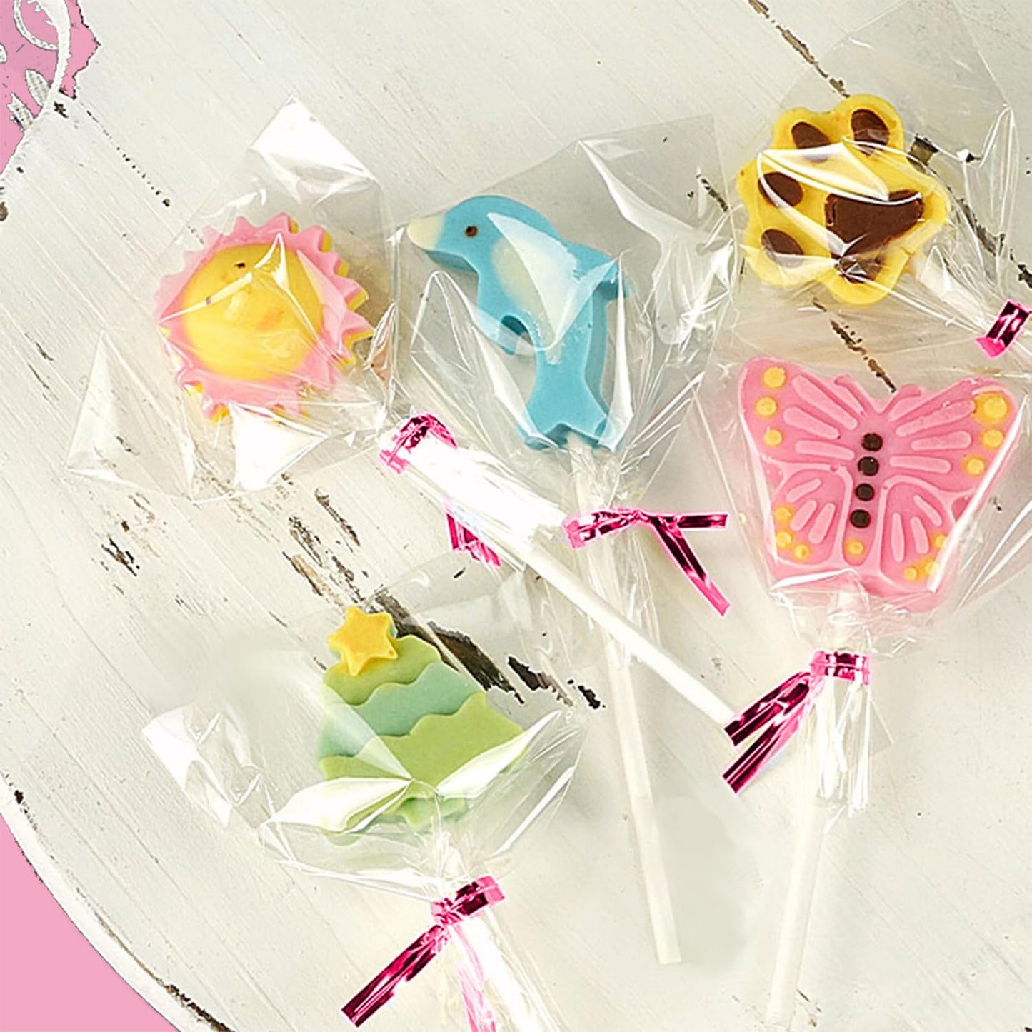 Basquei Cake Pop Sticks 6 Inches, Cake Pop Bags (3.9"X4.7"), Pink Metallic Twist Ties, 300 Pcs Cake Pop Kit Used for, Lollipops Cake, Candies, Chocolates Making Tools