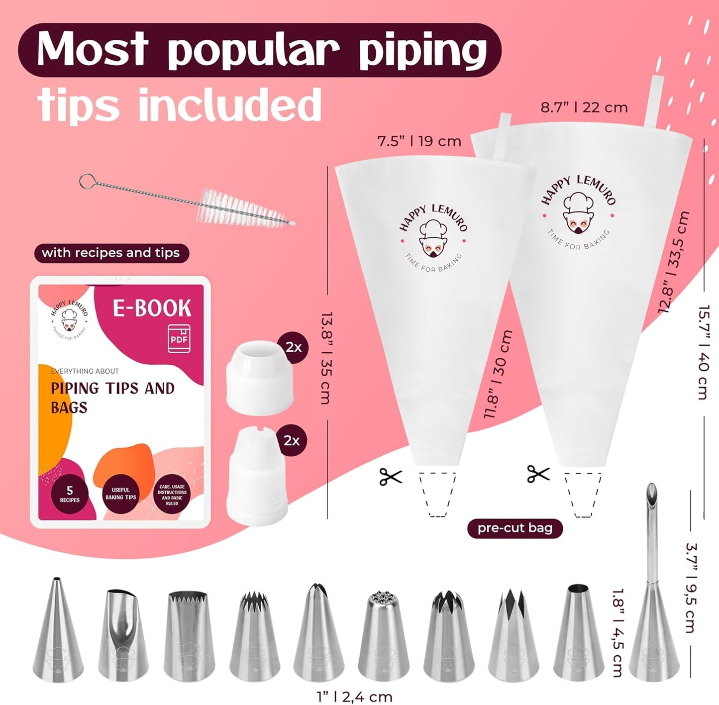 Large Piping Bags and Tips Set - XL Icing Tips - Large Piping Tips Set with Reusable Piping Bag (16 inch) - Decorating Tips for Cupcakes, Cakes, Cookies, Churros, Meringue, etc.