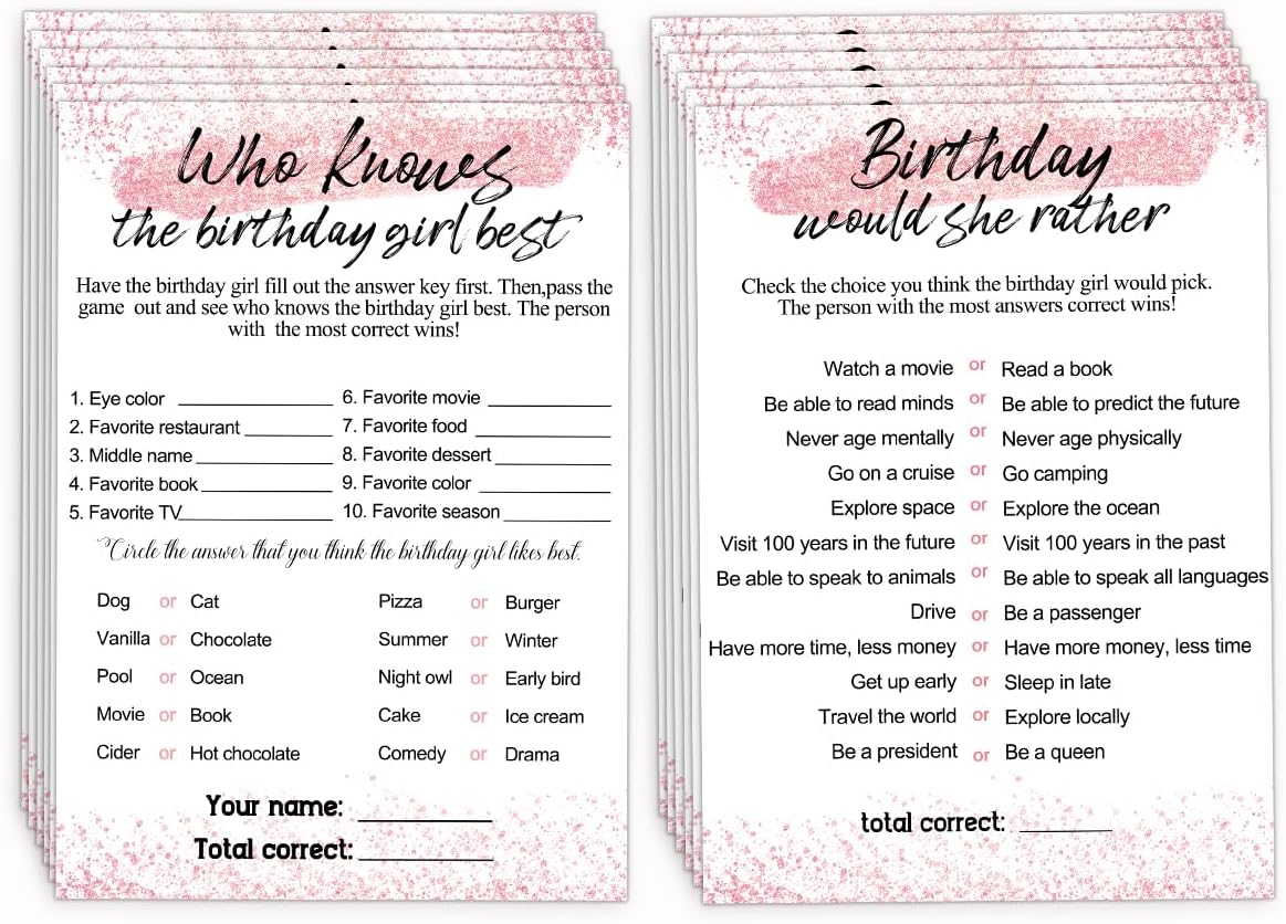 Birthday Party Cards for Girl, Birthday Games Card, Would She Rather Game Cards Set, Birthday Supplies Activity Decorations for Adult Girl, Set of 30 Game Cads
