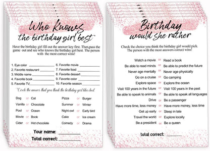 Birthday Party Cards for Girl, Birthday Games Card, Would She Rather Game Cards Set, Birthday Supplies Activity Decorations for Adult Girl, Set of 30 Game Cads