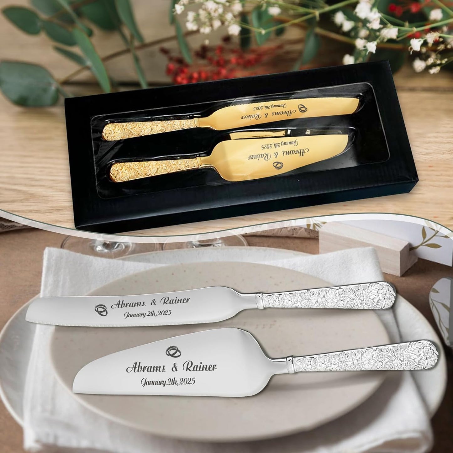 HJX Personalized Wedding Cake Knife and Server Set with Champagne Flutes, Custom Name Text Toasting Glasses for Bride and Groom, Cake Cutting Set Ideal Wedding Engagement Bridal Shower Gift
