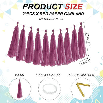 MECCANIXITY 20Pcs Tassel Garland Banner Tissue Paper for Streamers Party Decorations, Valentine's Day Birthday Decor for Women with Rope and Tie Wire (Pink, 14.6Inch)