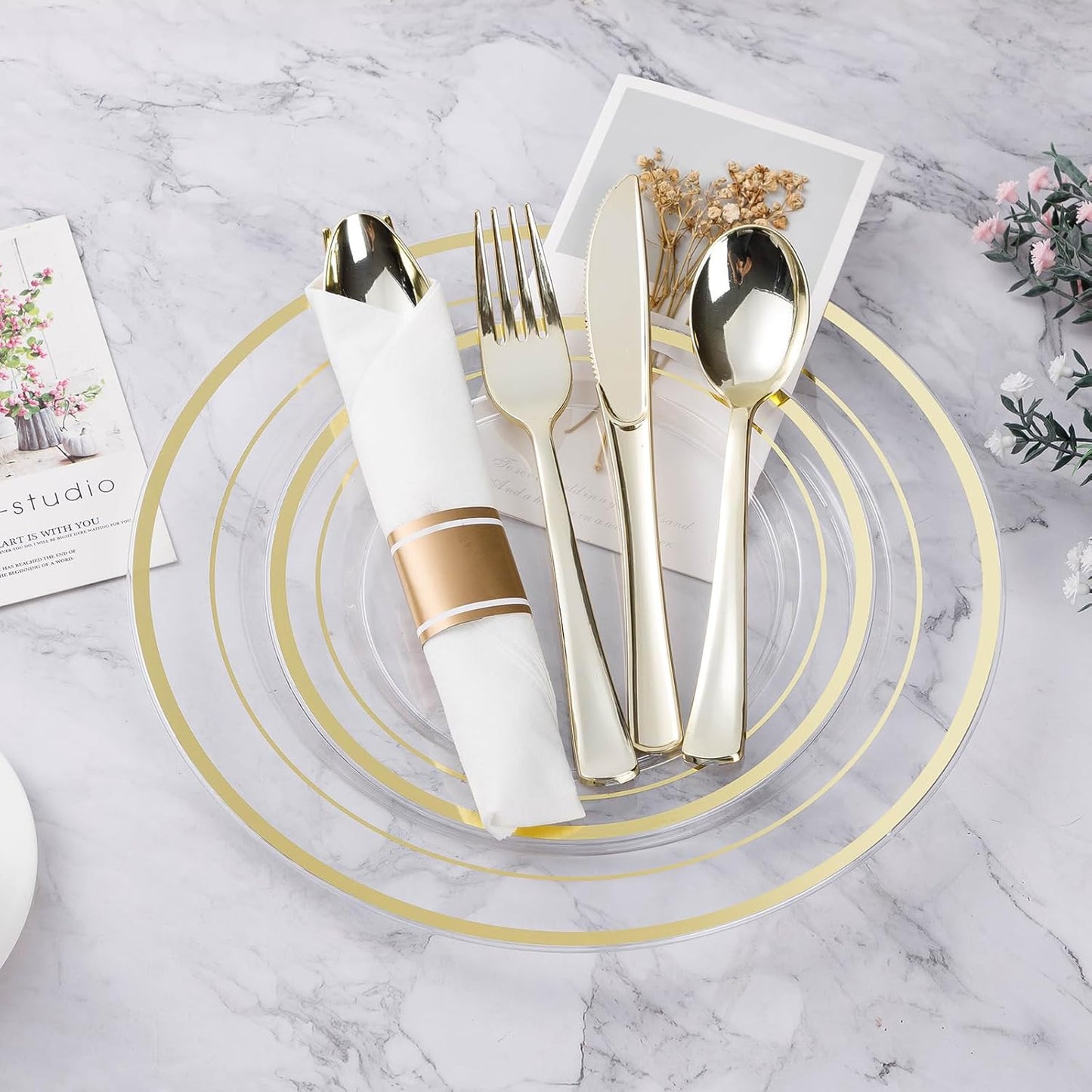 BESTVIP 350PCS Gold Plastic Dinnerware Set, Disposable Party Plates for 50 Guests, Include: 100 Plastic Plates, 50 Pre Rolled Napkins with Gold Silverware, 50 Cups