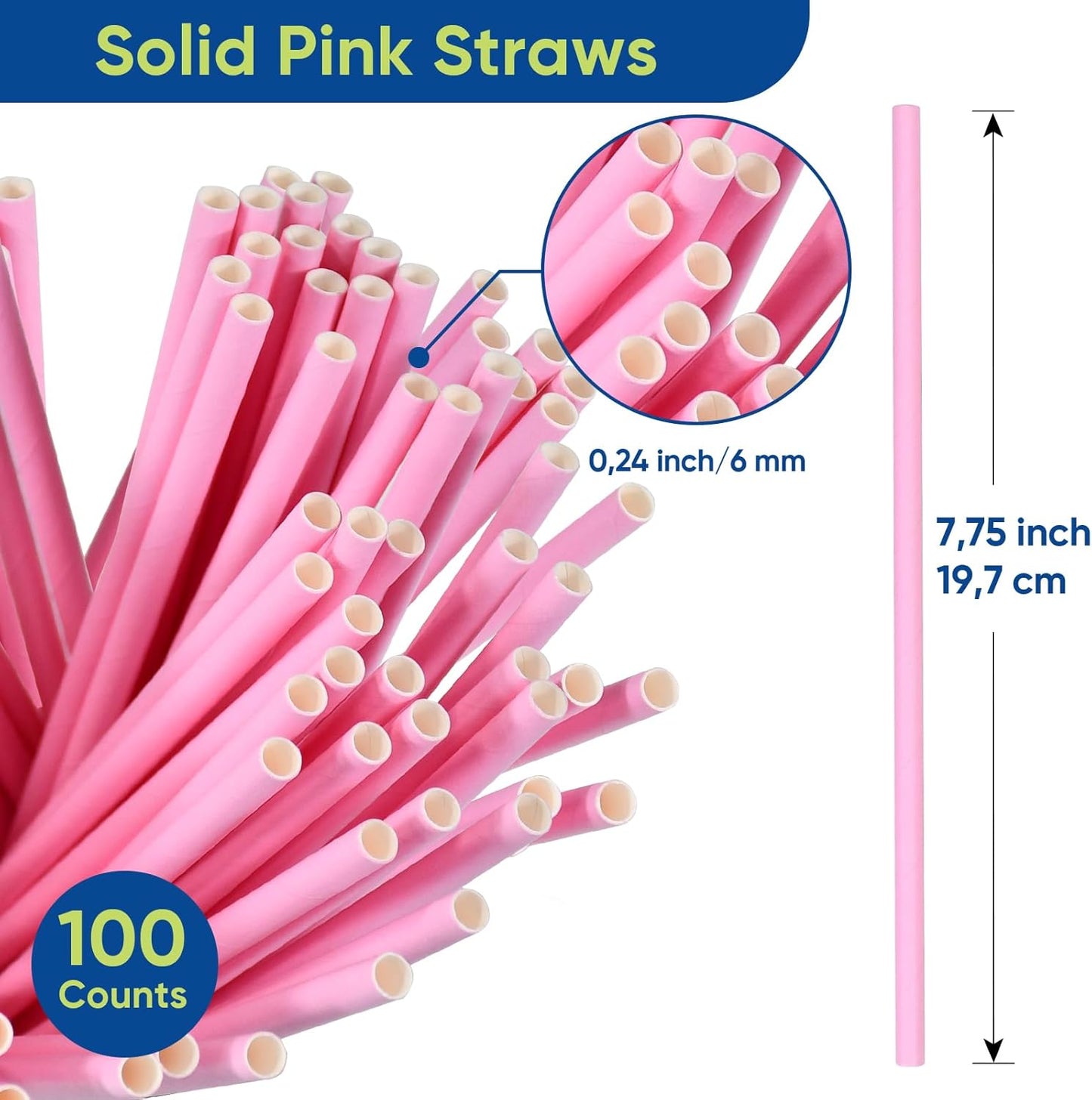 Disposable Paper Straws Solid Green - 7.75'' x 0.24'', 100 Counts - for Drinking, Beverage, Juice, Soda, Bar Supplies