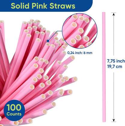 Disposable Paper Straws Solid Green - 7.75'' x 0.24'', 100 Counts - for Drinking, Beverage, Juice, Soda, Bar Supplies