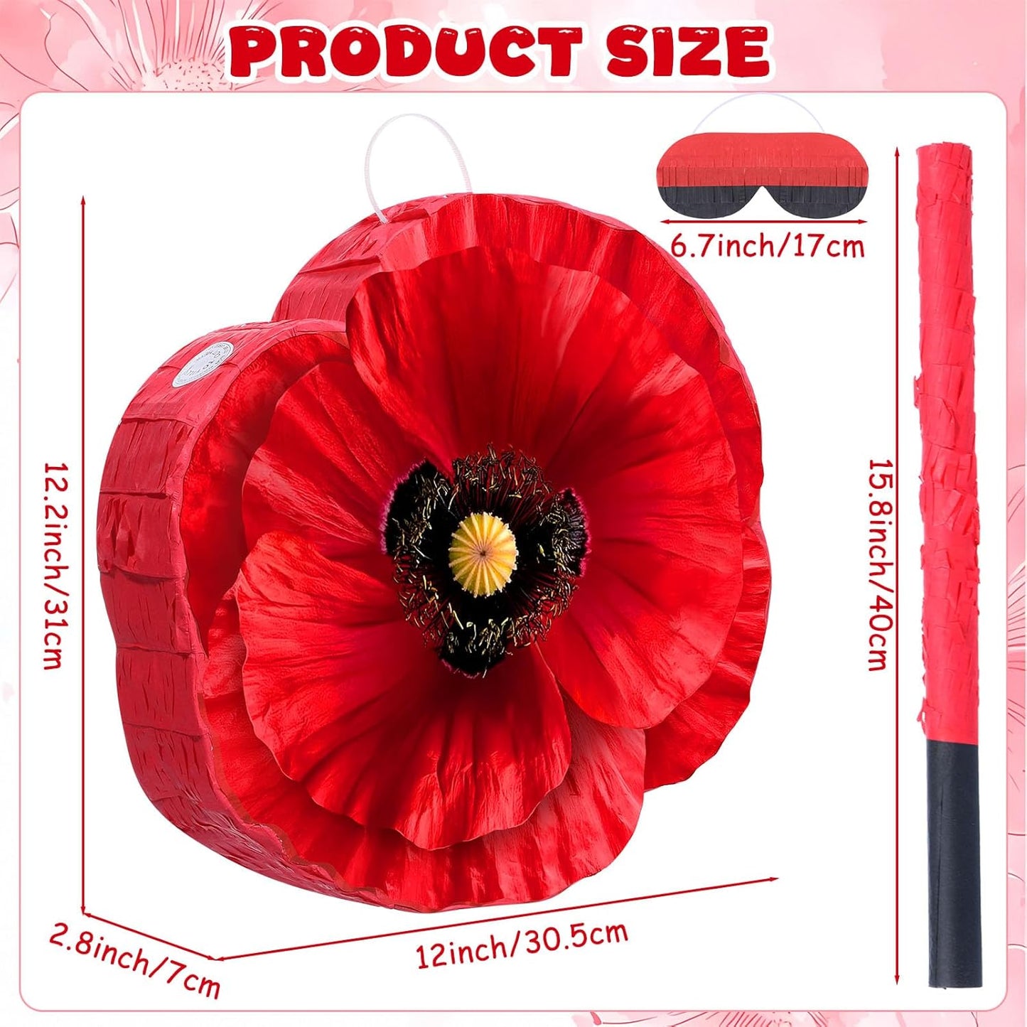 Kasyat Wizard Theme Party Decorations Red Poppy Piñata Game Set Poppy Flower Piñata with Bat Stick Blindfold Mask Birthday Party Decor for Red Floral Wizard Birthday Baby Shower Game Supplies (Flower)