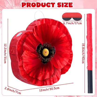 Kasyat Wizard Theme Party Decorations Red Poppy Piñata Game Set Poppy Flower Piñata with Bat Stick Blindfold Mask Birthday Party Decor for Red Floral Wizard Birthday Baby Shower Game Supplies (Flower)