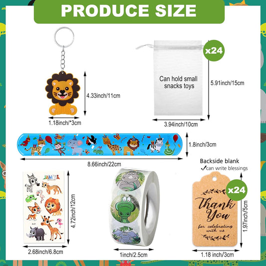 Fumete 121 Pcs Jungle Safari Party Favors Animals Theme Birthday Supplies with Slap Bracelets Keychains Temporary Animal Sticker Roll Bag Tag for Baby Shower Goodie Bag Fillers