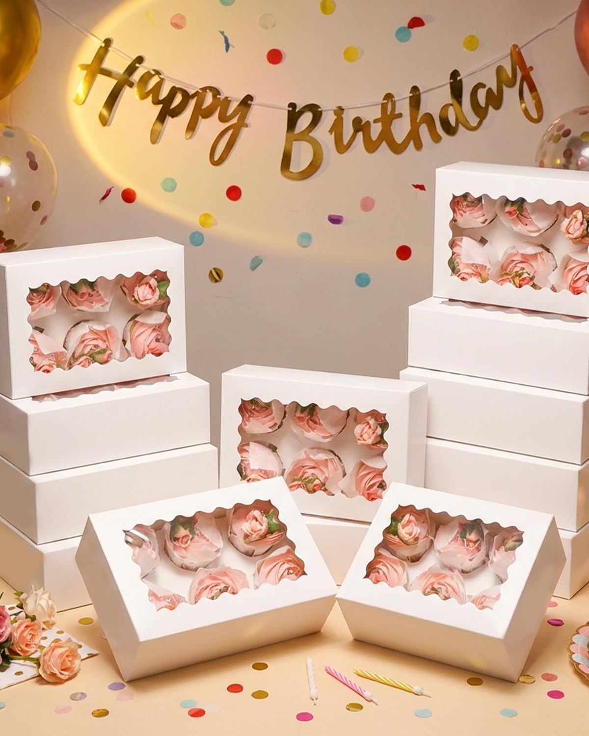 qiqee Auto-pop Up Cupcake Boxes with Window White 40PCS 12 Count Cupcake Box 13"x10"x3.5" Cupcakes Carrier, 12 Cupcake Containers with 2 rolls of pink ribbons