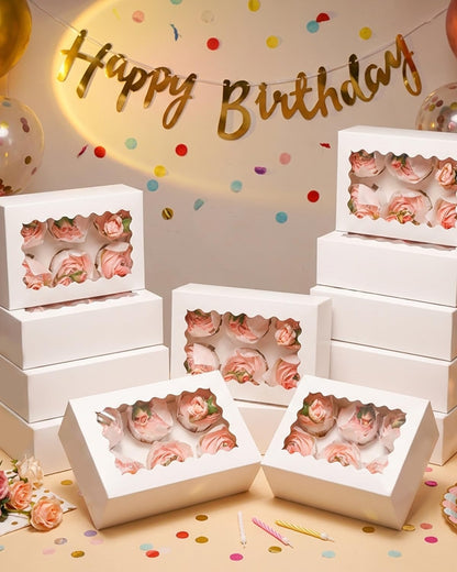 qiqee Auto-pop Up Cupcake Boxes with Window White 40PCS 12 Count Cupcake Box 13"x10"x3.5" Cupcakes Carrier, 12 Cupcake Containers with 2 rolls of pink ribbons