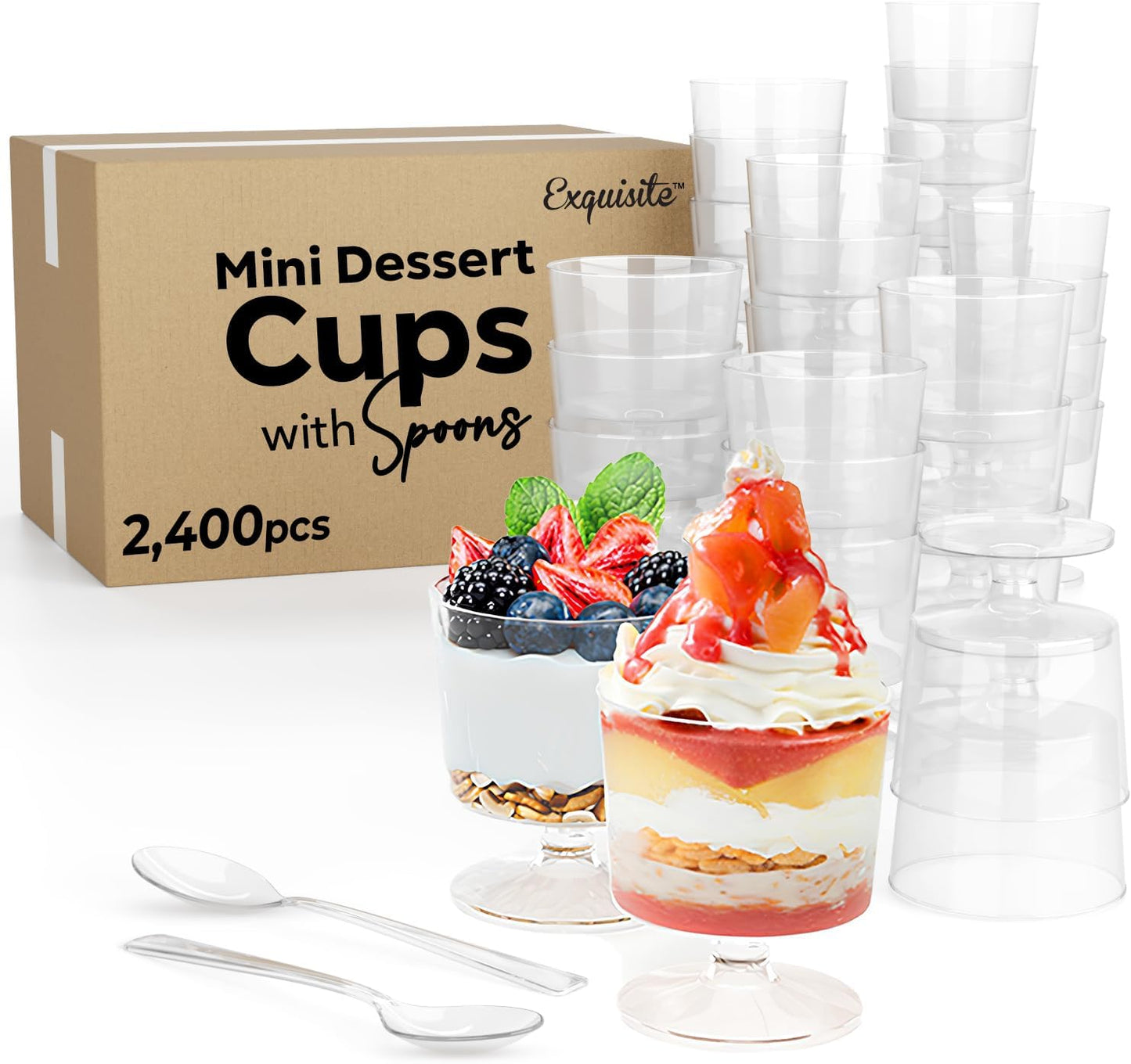 Exquisite Mini Dessert Cups With Spoons 200 Pcs - 2 Oz Square Clear Plastic Pudding Cups Disposable With Tasting Spoons 100 Sets | Mini Parfait Cup | Appetizer Cup For Party & Events