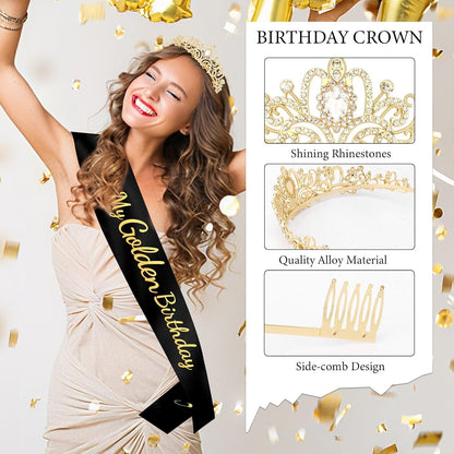 It's My Golden Birthday Sash and Crown Set for Women Girls Birthday Party Decorations Decor Party Favors Gifts