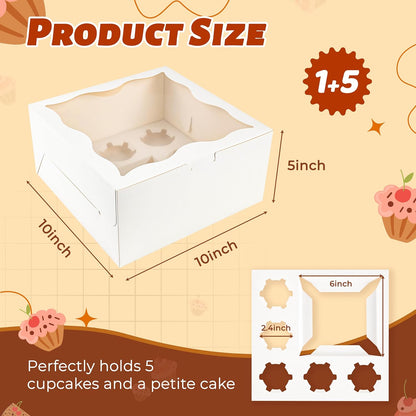 NPLUX 4 Packs 1+5 Bento Cake and Cupcake Box Bento Box with Clear Window Fit 5 Cupcakes and 1 Mini Cake for Packaging Gift Baked Goods