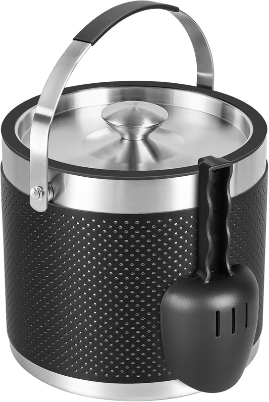 3.4Quart/3.2L Insulated Stainless Steel Ice Bucket with Lid, Scoop, Leather Design Double Wall Wine Bucket for Cocktail Bar, Parties (Dark Blue)