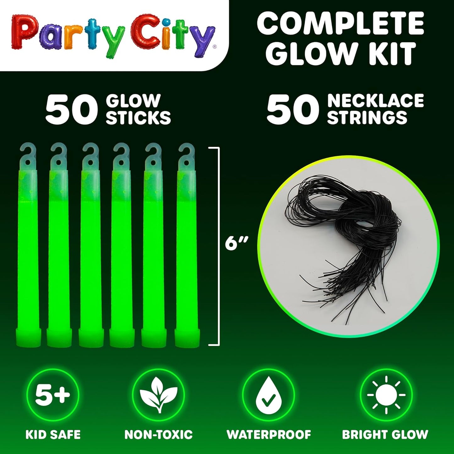 Party City Multicolor Glow Sticks Bulk Pack 6”- 25pk Glow in the Dark Sticks for Kids, Waterproof Camping Survival Ultra Bright Emergency Light Stick with String, Neon Glowsticks Party Supplies Favors