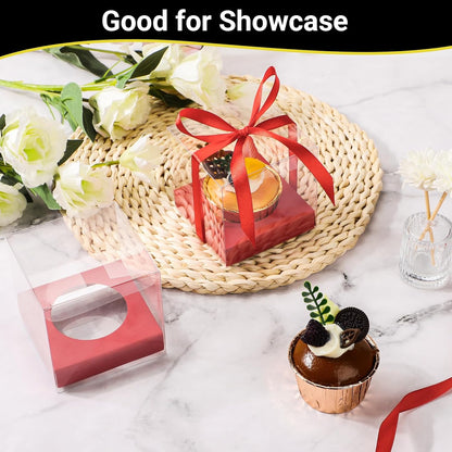 EUSOAR Individual Cupcake Holder, 50pcs 3.5 Inch Plastic Black Cupcake Containers with Lids, Single Transparent Display Clear Cupcake Carrier with Ribbon and Inserts for Wedding Party Favor