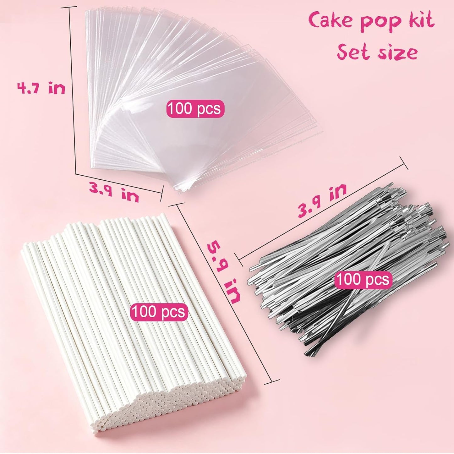 Basquei Cake Pop Sticks 6 Inches, Cake Pop Bags (3.9"X4.7"), Pink Metallic Twist Ties, 300 Pcs Cake Pop Kit Used for, Lollipops Cake, Candies, Chocolates Making Tools